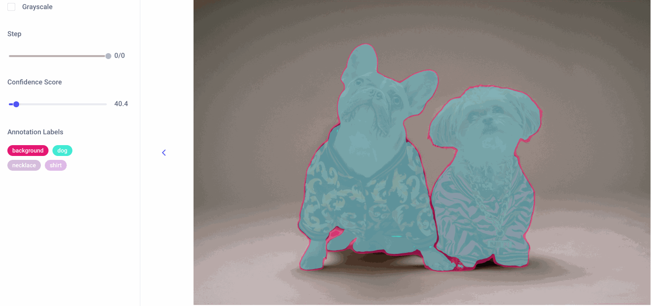 A GIF of our image of the two dogs, as seen in the Comet UI, with each individual segmentation mask plotted.